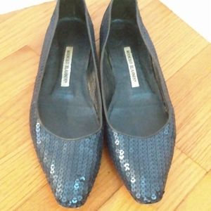 Manolo Blahnik Lee Blue Sequin Ballet Flats